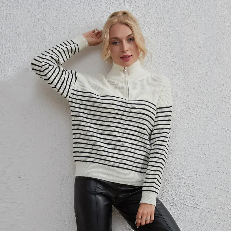 Half Zip Polo Sweater Woman Oversized Striped Sweater Pullover Knitted Coat Winter Autumn Vintage Knitwear
