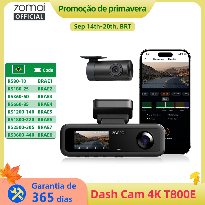 Câmera Veicular 70mai T800E 4K HDR com 3 Canais, Abertura F1.55, Supercapacitor, Controle por Voz, GPS, DVR Automotivo, WiFi 6 5GHz