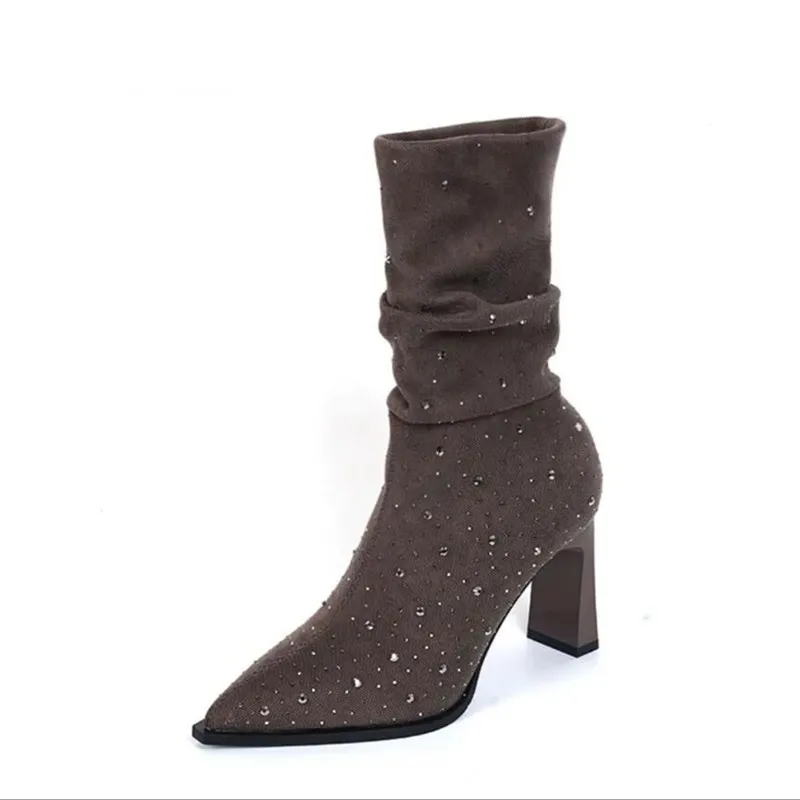 Women's Fashion Chunky Heel Boots Fall New Pointy Suede Sleeve Sequin Pleated Temperament Pile Boots