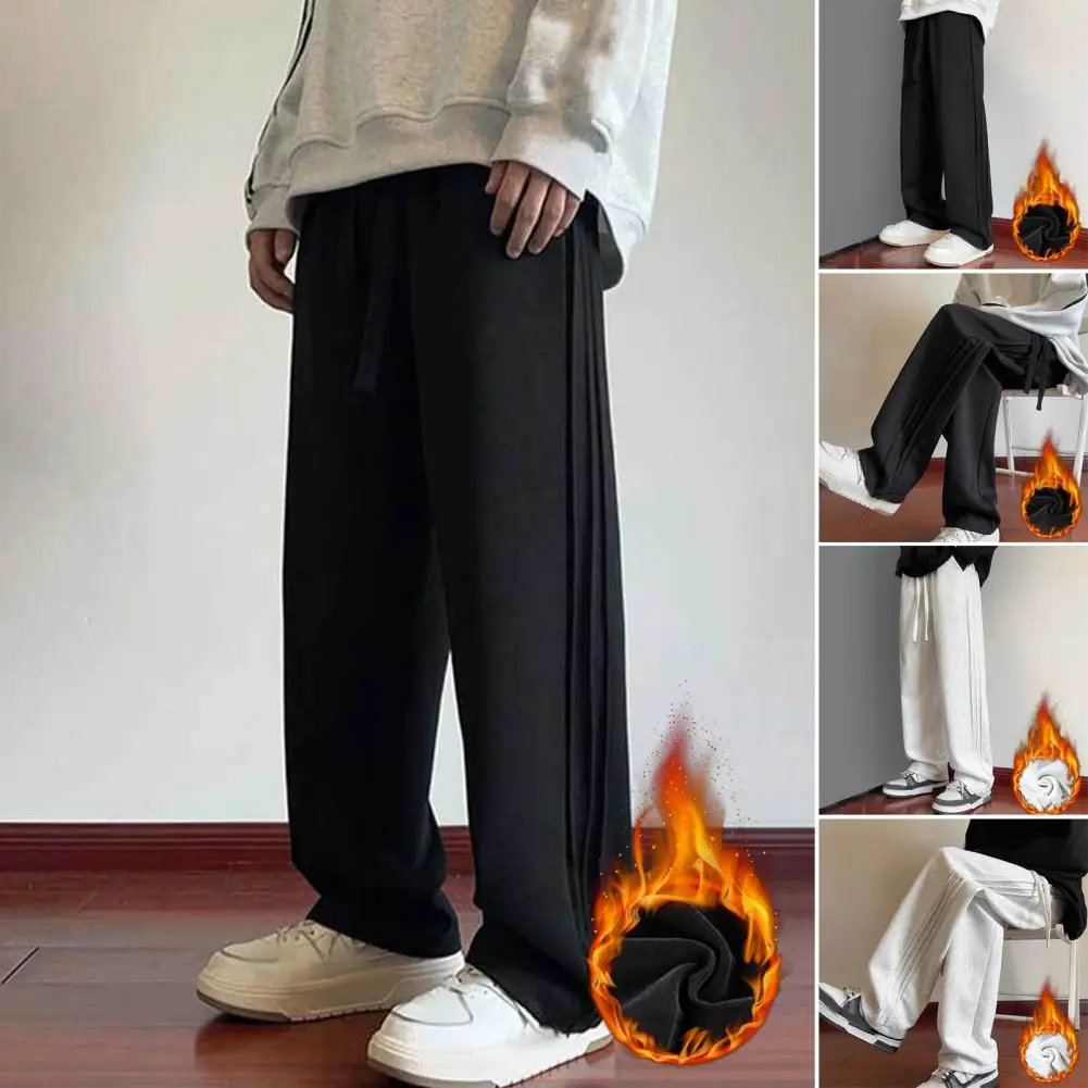 Elastic Waist Sweatpants Cozy Stylish Fall/winter Men's Sweatpants Striped Wide Leg Plush Warmth Elastic Waist Cold Weather