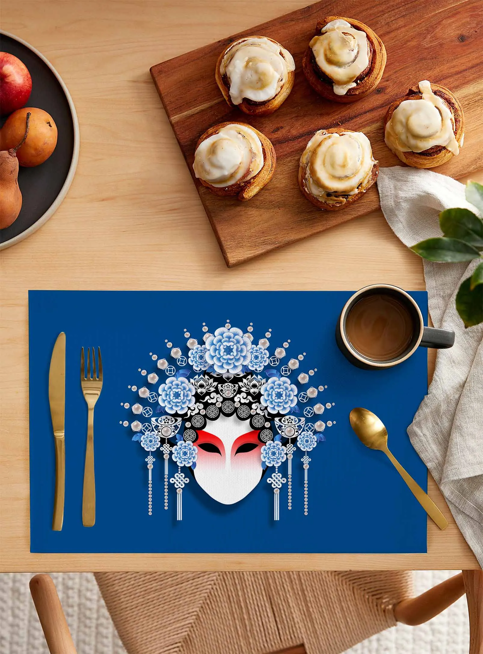 Blue Traditional Chinese Opera Coffee Dish Mat Kitchen Placemat Dining Table Rug Dinnerware 4/6pcs Pads