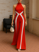 Yeezz Women's Red High-Neck Off-Shoulder Wide-Leg Jumpsuits 2025 New Fashion Contrast Color High Waisted Party One-piece Pants