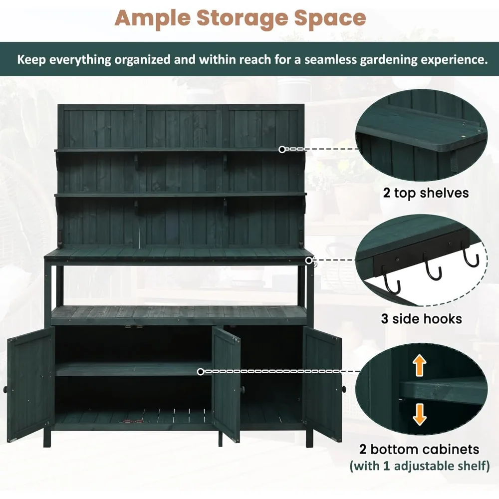 Ławka do doniczek z klatką, stacja robocza ogrodowa z litego drewna jodłowego o długości 50,2 cala, duży blat. 2 półki, 2 szafki, 3 boczne haczyki