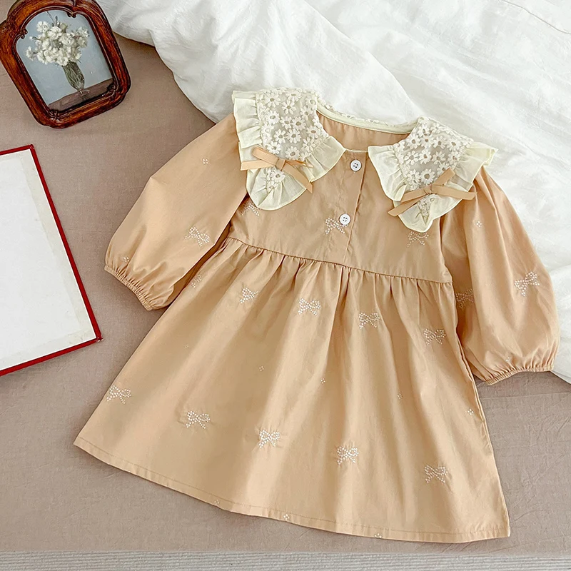 Sweet Kids Baby Girls Long Sleeve Embroidered Bow Princess Dress Autumn Baby Girls Lace Doll Collar Dress Children Clothes Dress