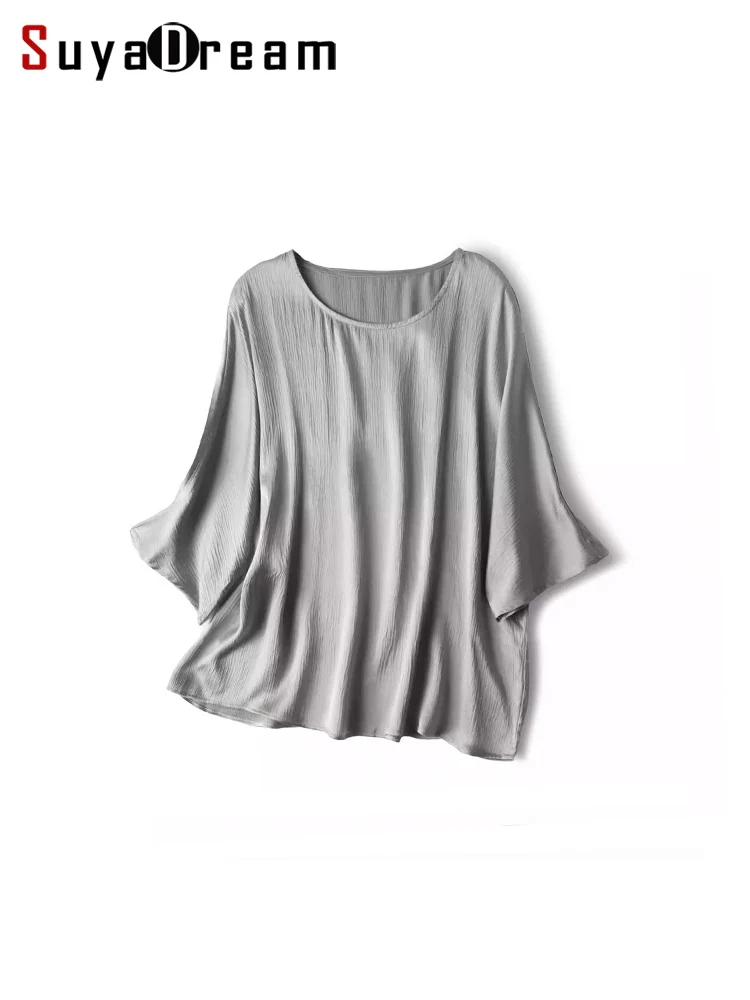 

SuyaDream, Women Solid Blouses, 100%Real Silk, Round Collar, Bat Sleeves Loose Shirts, 2024 Spring Summer Elegant Top, Grey