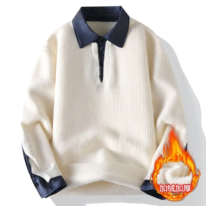 

Fashion Fake-2Pieces Winter Thick Sweaters Men Clothes Polo Style Long Sleeve Men's Casual Sweater Turn Down Collar Pullovers