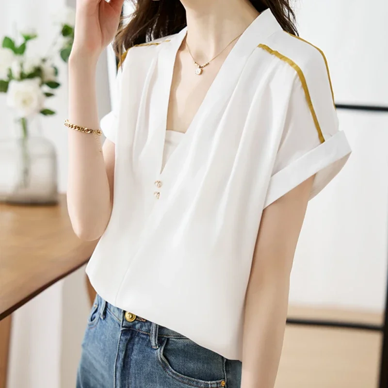 Cardigan Chiffon Shirts Blouses 2024 New Short Sleeve Loose Tops for Women Summer V-neck Solid Color Shirt Clothes Blusas 27913