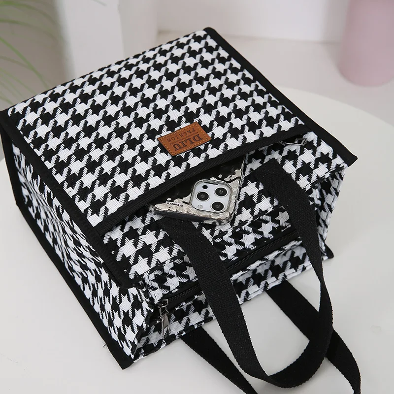 New knitted jacquard thickened fabric handbag, aluminum foil insulation inside zipper semi-closed lunch box bag, bento bag