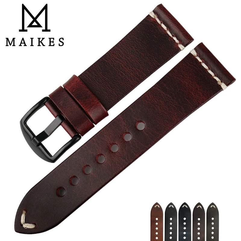 MAIKES Vintage Leather Strap Watch Band Greasedleather Watch Accessories Bracelet 20mm 22mm 24mm Fashion Red Watchband For Omega