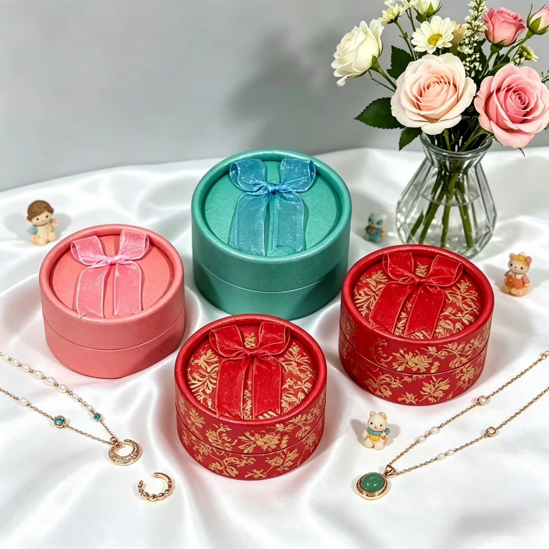 

32Pcs 5.5x5.5x3.5cm Fashion Earring Ring Key Packaging Storage Box Small Round Jewelry Boxes With Bow Ribbon For Wedding Gift