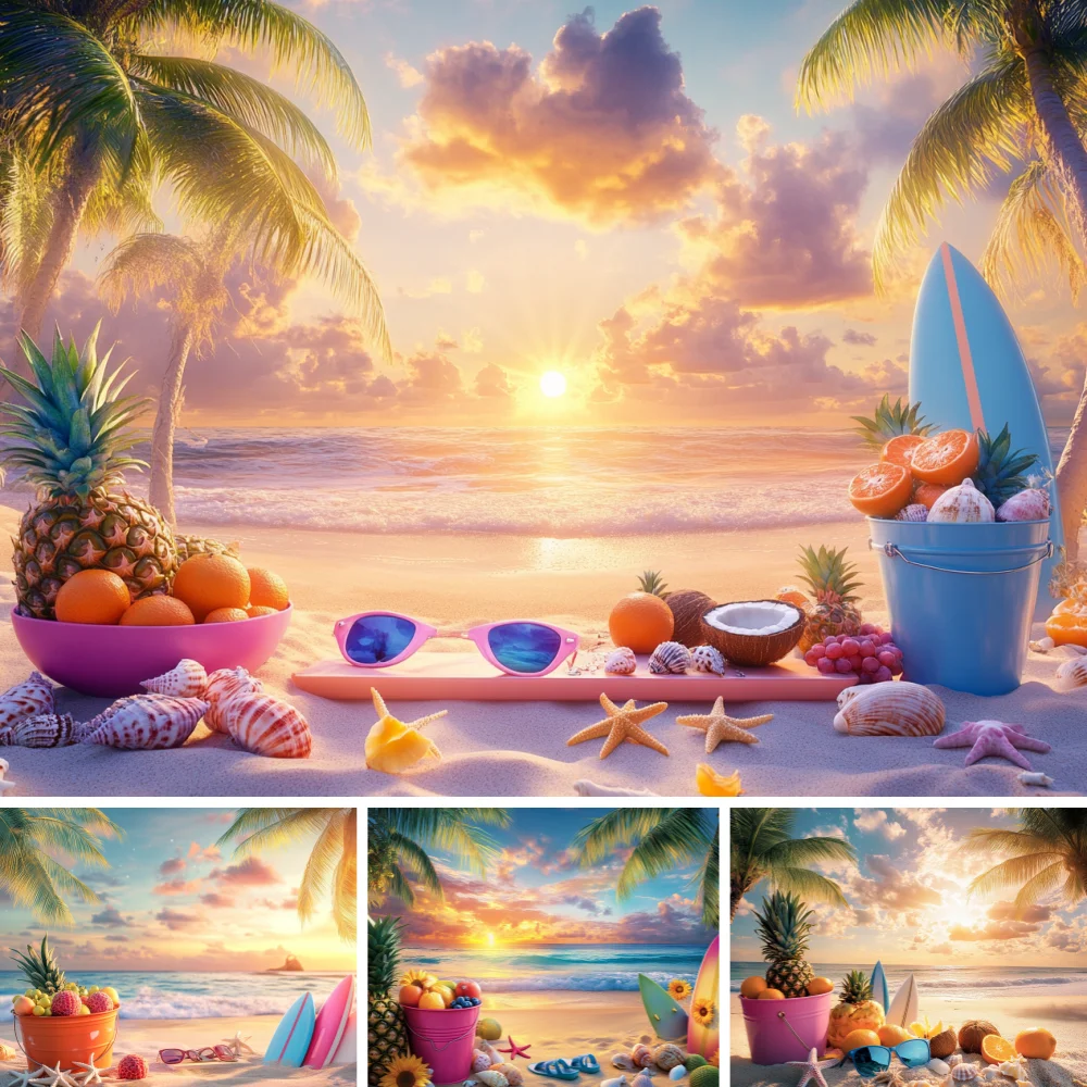 SummerSunset Beach Backdrops for Photography Hawaiian Tropical Fruit Palm Leaves Background Photobooth Wedding Decor Photo Studi