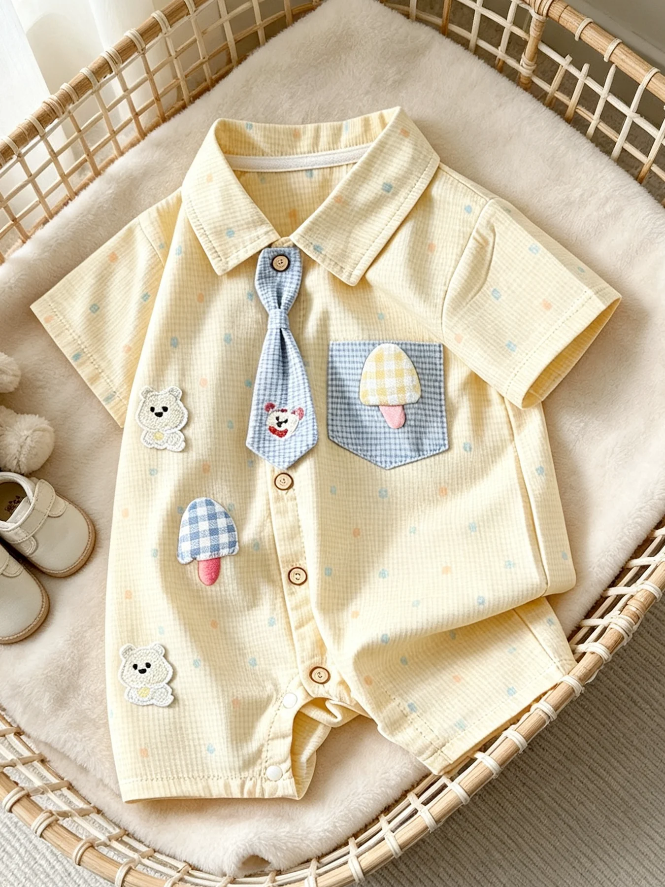 Niedliches, verziertes Einteiler-Kleid für Babymädchen, Frühling/Sommer, mit Kragen und Druckknöpfen, 0–12 Monate, für alltägliche Ausflüge