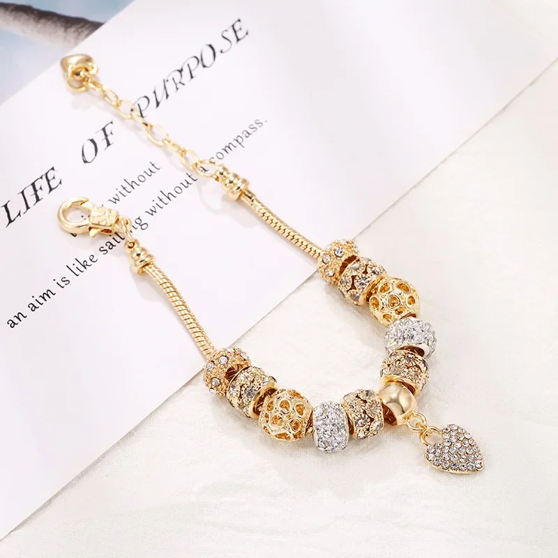 2024 New Crystal Heart Beads Charm Bracelets Gold Color Snake Chain Brand Bracelets for Women Lover Valentine\'s Day Jewelry Gift