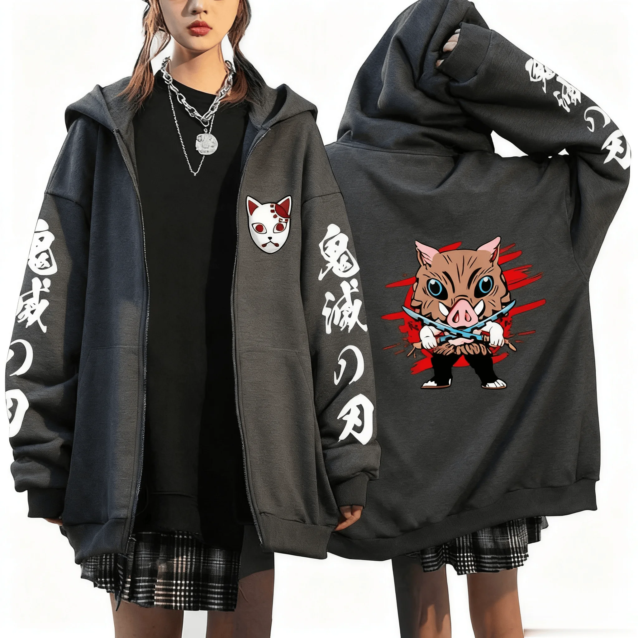 

Толстовка унисекс большого размера Demon Slayer в стиле аниме на молнии для мужчин и женщин, уличная одежда, пуловер, толстовка, повседневная куртка с капюшоном, осень-зима