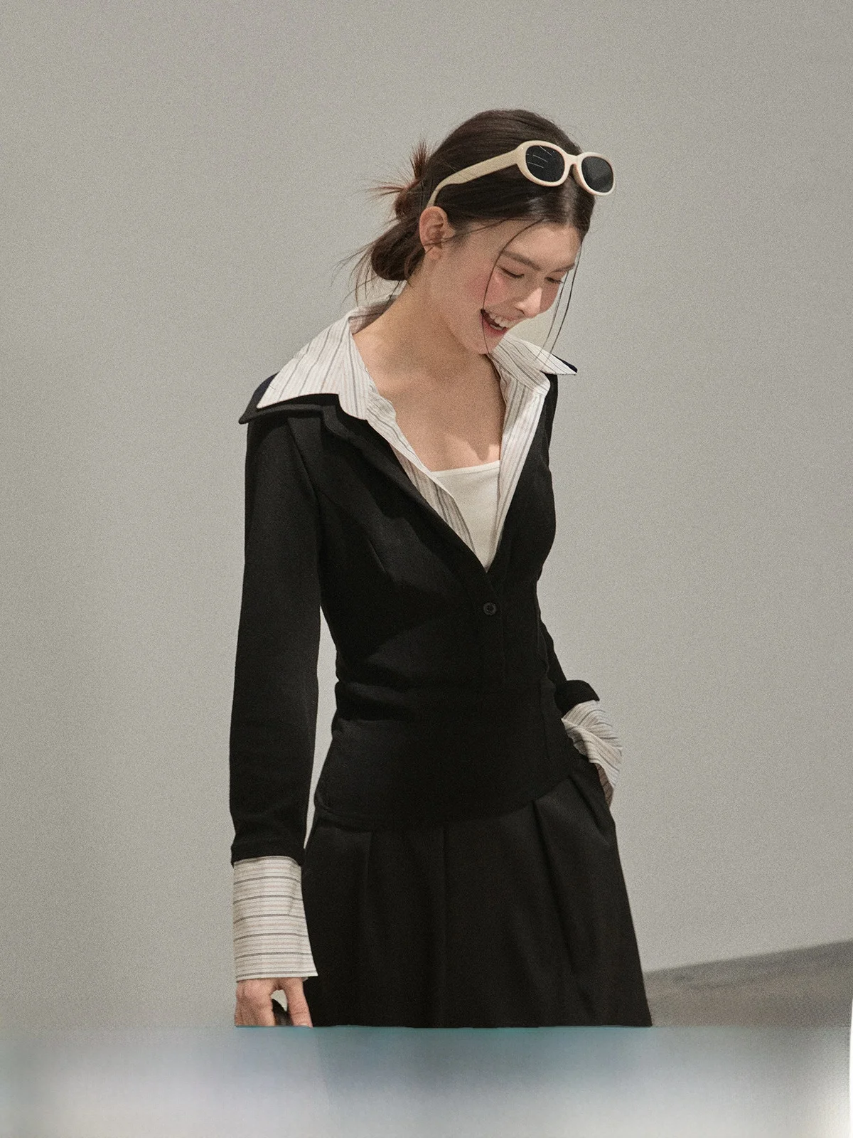 

Slim Fit V-Ne Long Sve Bla irt Women's Faion Contrast Color Splicing irt Autumn New Sle Body a Top