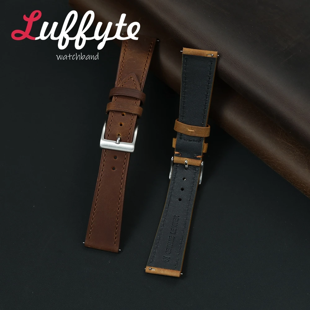 Vintage Office Wear Watchband 18mm 19mm 20mm 21mm 22mm Men's Cowhide Strap Quick Release Crazy Horse Leather Wristband image 4