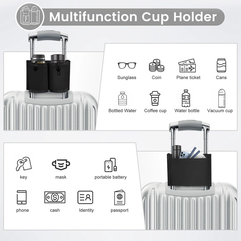 Free-Hand Luggage Cup Holder with Phone Pocket, Suitcase Drink Carrier, Hold Two Coffee Mugst,Airport Travel Accessories