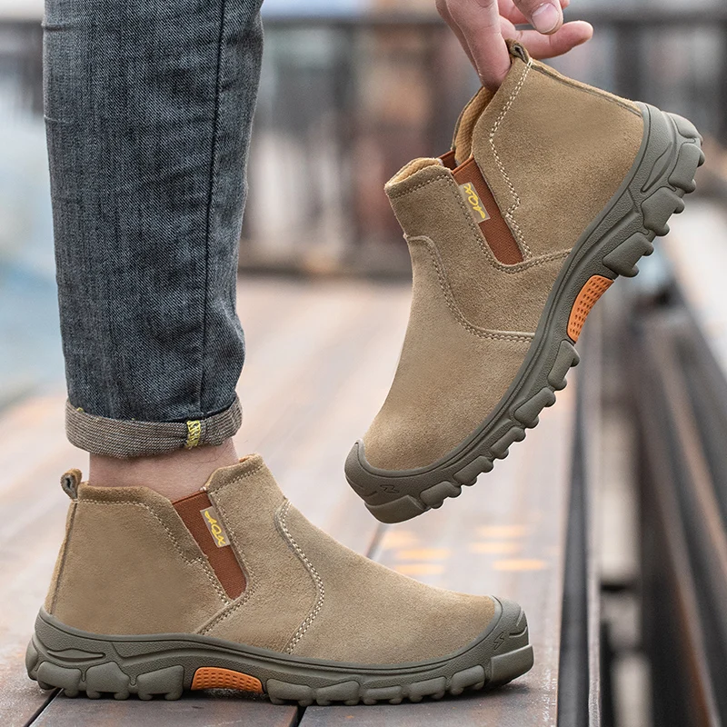 men's fashion safety boots cow suede leather welding shoes steel toe covers working sneakers security ankle botas safe footwear