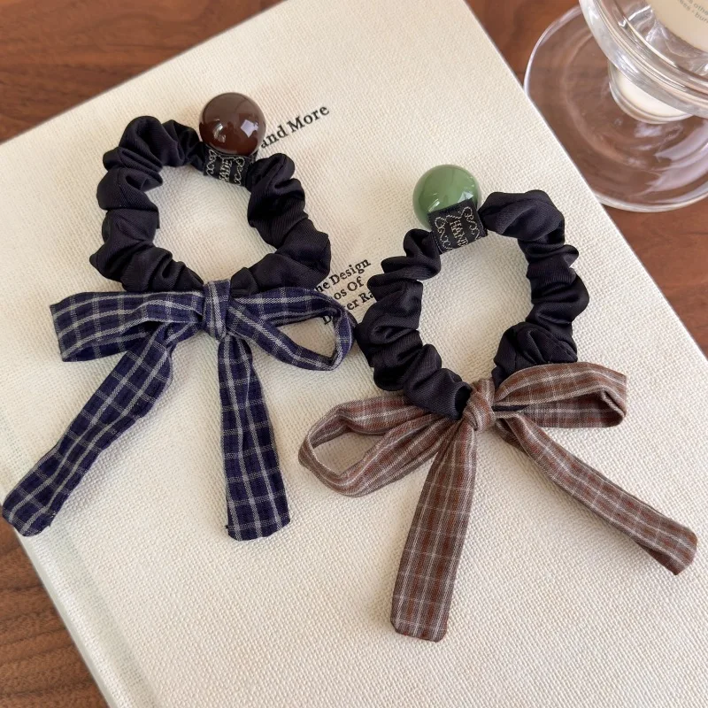 Haarband mit karierter, gestreifter Schleife im britischen College-Stil und Haargummi, Retro-Haarschmuck mit niedrigem Pferdeschwanz