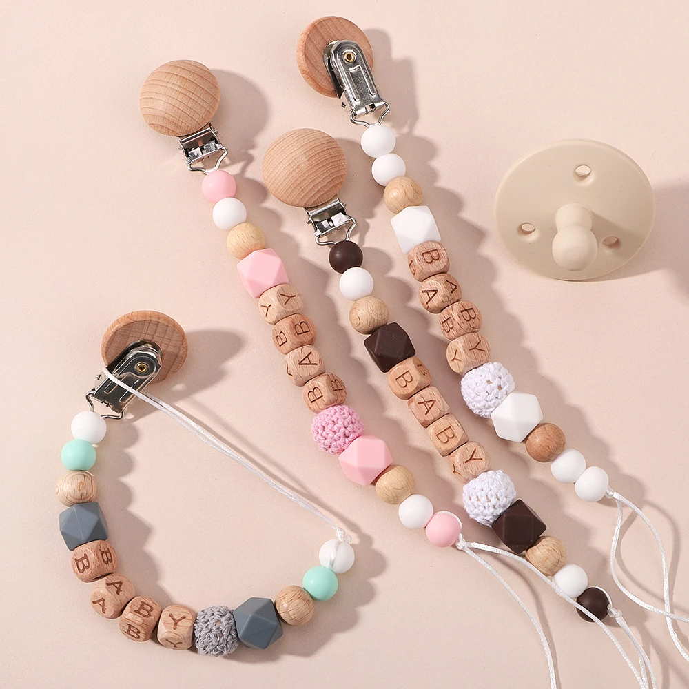 Silicone Material Baby Anti Fall Chain Pacifier Clip Silicone Beads Baby Pacifier Clip Circular Wooden Letter Pacifier Chain