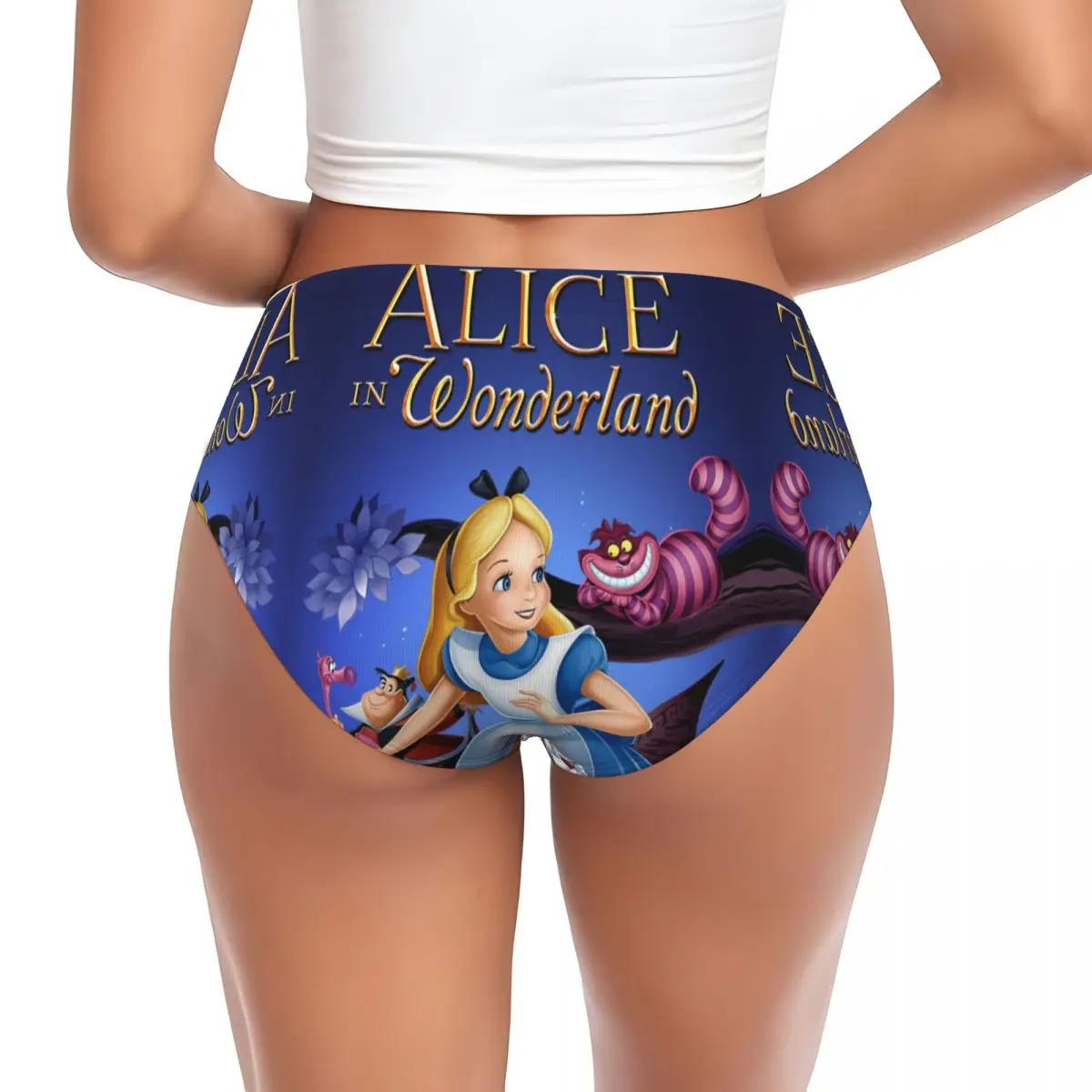 Las mujeres personalizadas Alicia en el país de las maravillas caricaron las bragas estiran la ropa interior de los calzoncillos del gato de Cheshire