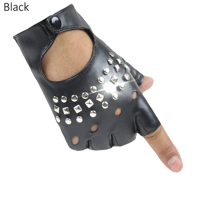 Guantes de cuero PU con remaches para hombres y mujeres, guantes de medio dedo, guantes Punk, guantes de baile, guantes de rendimiento para club