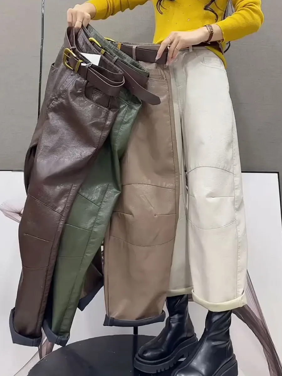 

Зимние кожаные брюки с высокой талией, прямые, повседневные, для женщин, с поясом, длина 93 см, модные, больших размеров