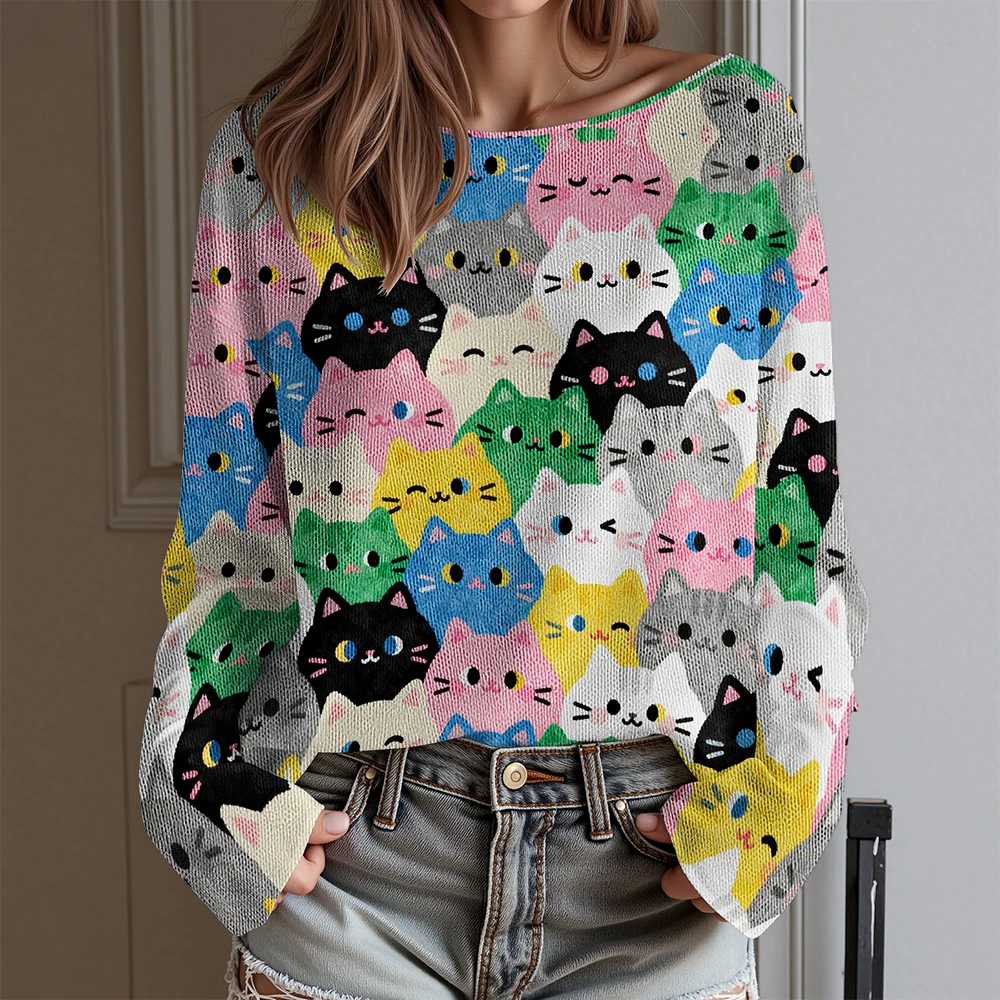 

Женский свитер с милым узором и открытой ключицей, новый женский свитер с длинными рукавами, повседневный женский свитер