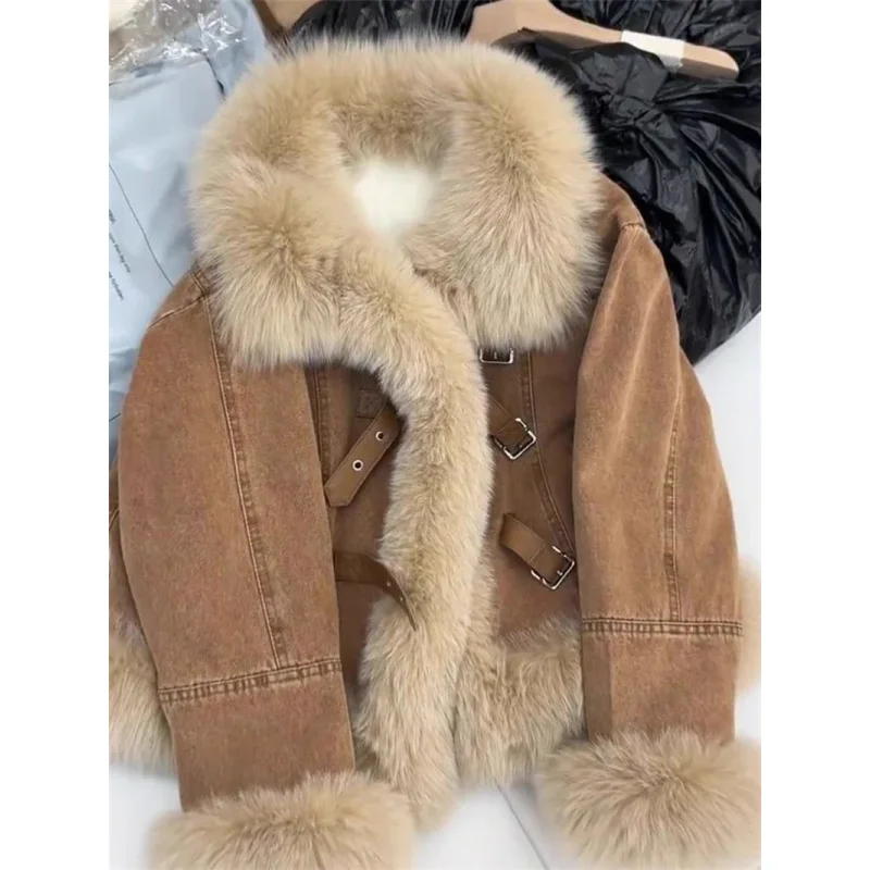 

Korean Style Design Wool Collar Denim Jacket For Autumn Winter 2025 Unique Super Beautiful Thick And High-end Plush Coat