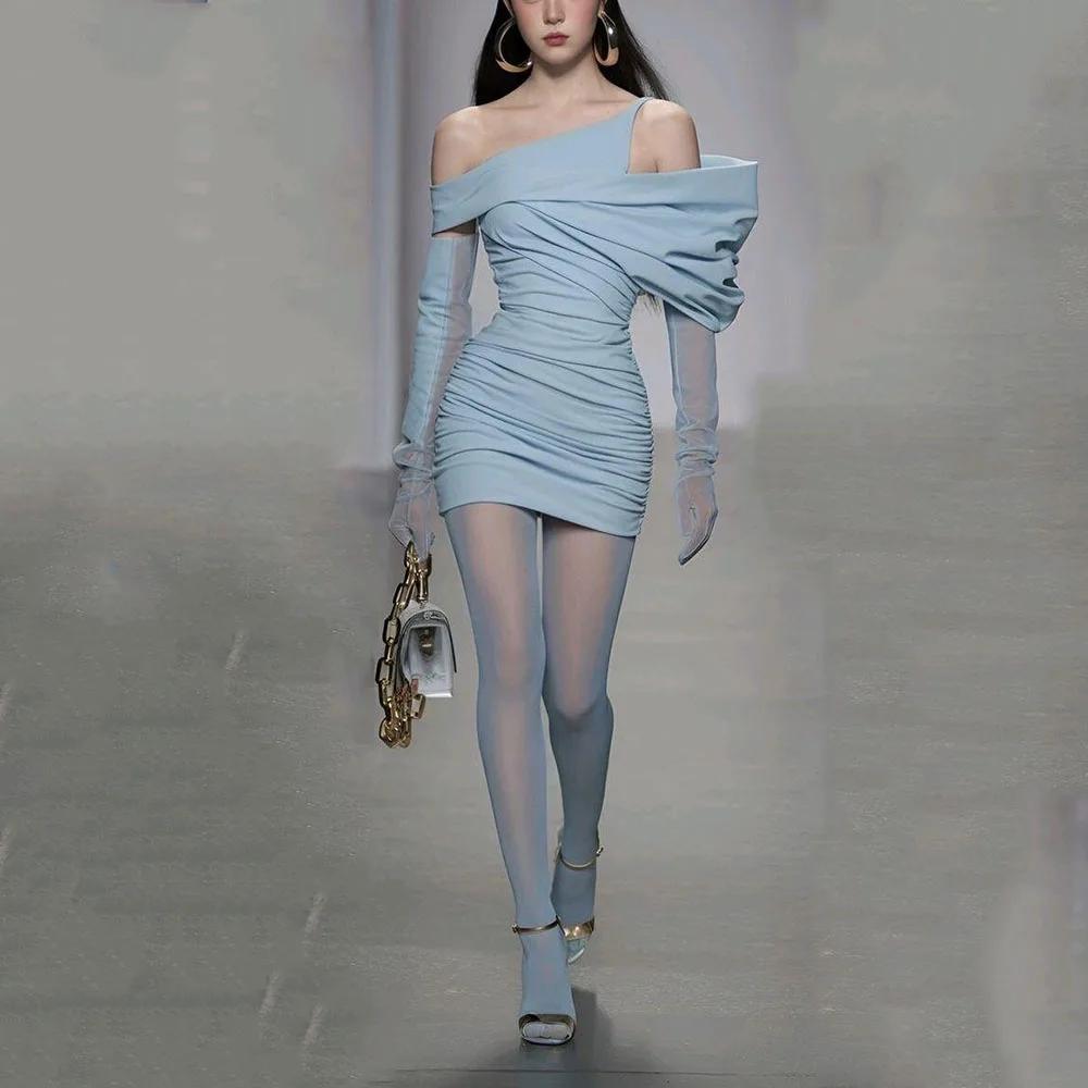 

Sexy Blue Prom Party Dresses Women High Quality Mermaid Short Stylish Off The Shoulder Pleat Female Gowns Simple Fashion Show