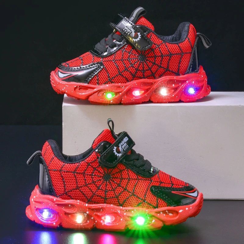 Disney Children\'s LEd Light Shoes Fashion Aoger Spiderman Boys Sneakers Girls Cartoon Casual Shoes Breathable Kids Sport Shoes