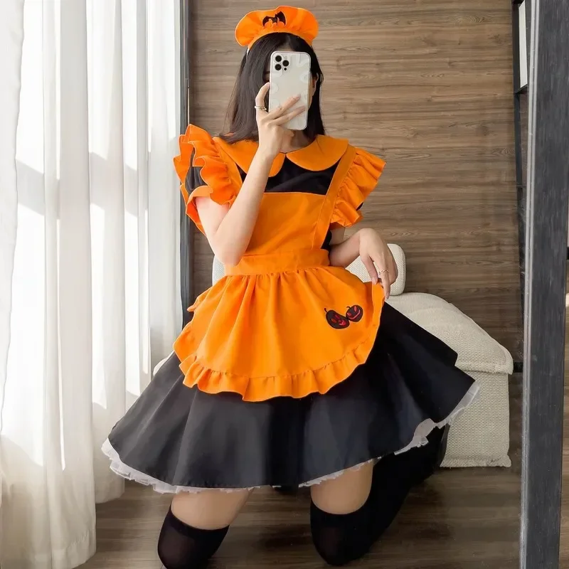 Cosplay Bat Vampire Maid Cosplay Halloween Costumes Orange Retro Pumpkin Uniform Lolita Maid Dress Party Maid Role Play Outfits