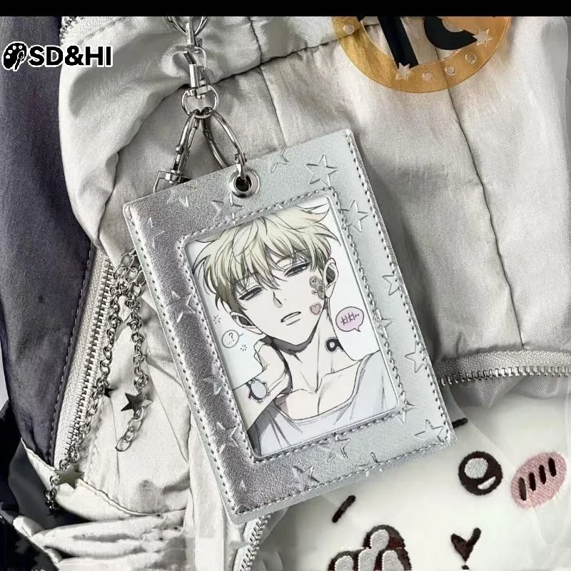 

PU Leather Card Sleeve Silver Star Pendant Photo Card Holder Student Campus Card ID Card Holder Campus Card Holder Keychain