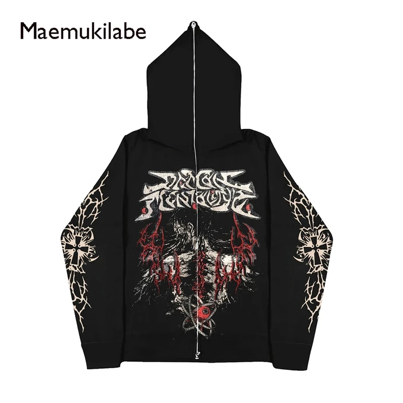 

Maemukilabe Halloween E-girl Gothic Full Zip Hoodies Graphic Print Long Sleeve Sweatshirt Aesthetic Cyber Y2K Grunge Jacket Coat