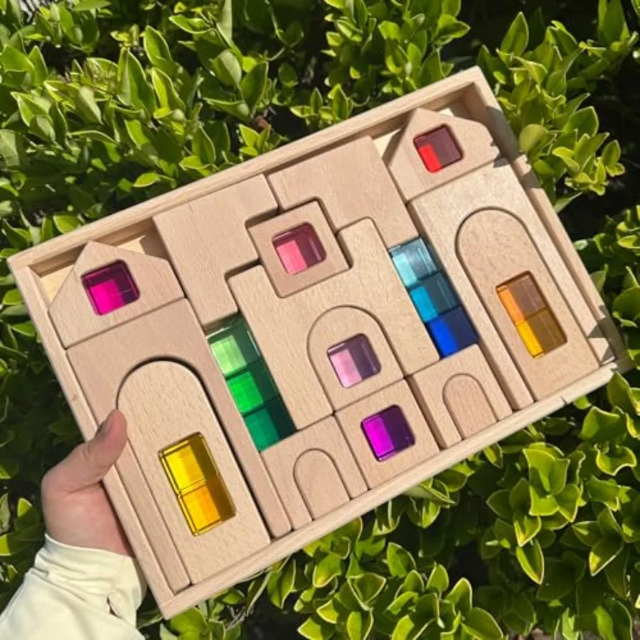 

31PCS Wooden Castle Arch Building Blocks Set with Colorful Acrylic Inserts Educational Construction Toy for Toddlers 31PCS Colo