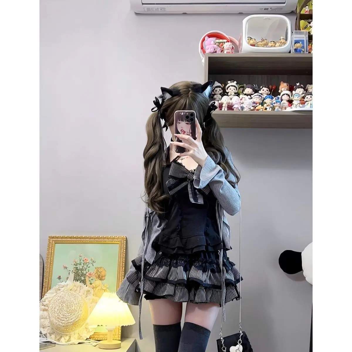 MAGOGO Sweet and adorable Halloween Lolita grey lace-trimmed ruffled cardigan with bow accents and strapless half-length skirt