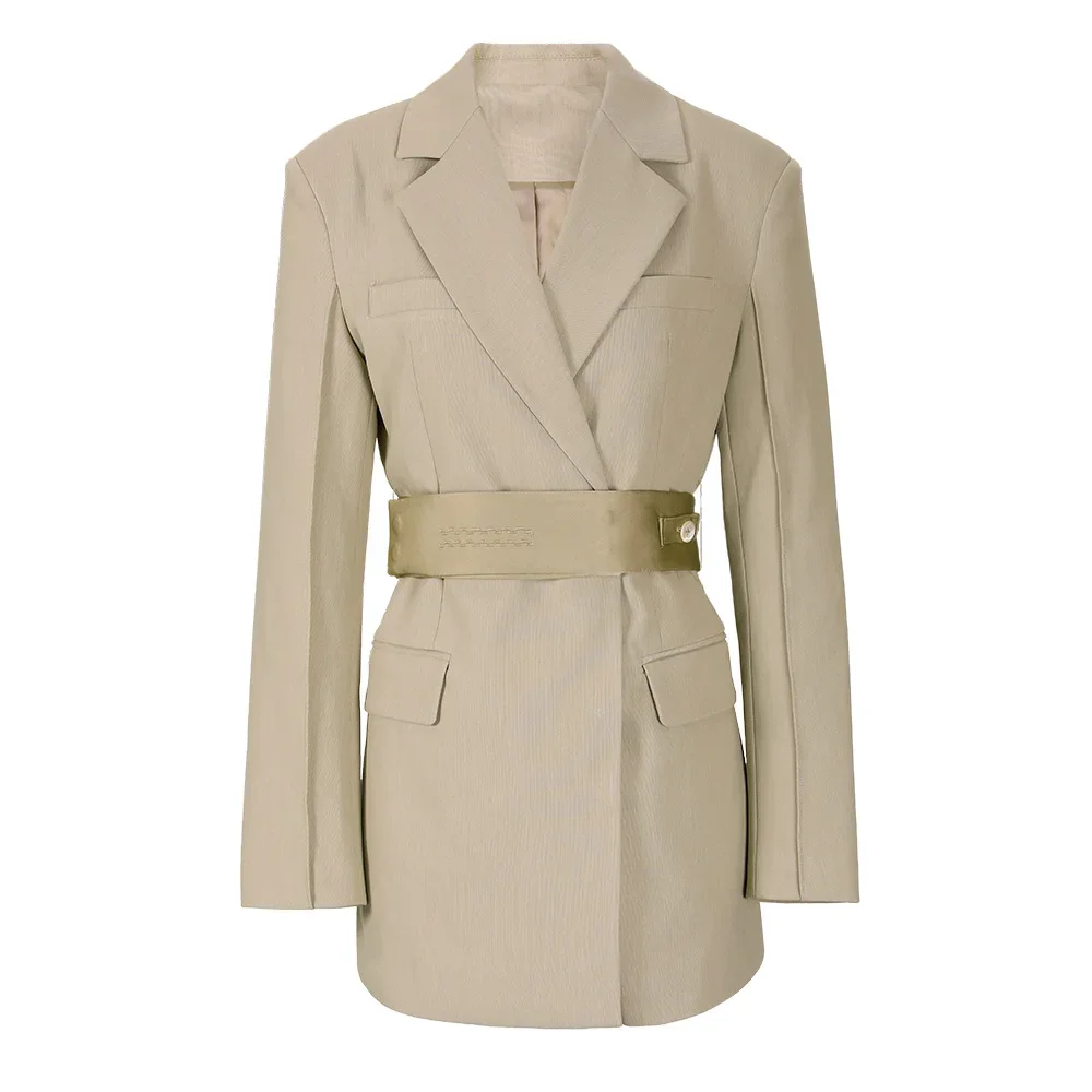 Light Khaki Women Suit Blazer With Belt Female Office Lady Work Wear 1 Piece Elegant Business Jacket Coat Slim Fit Style Outfit