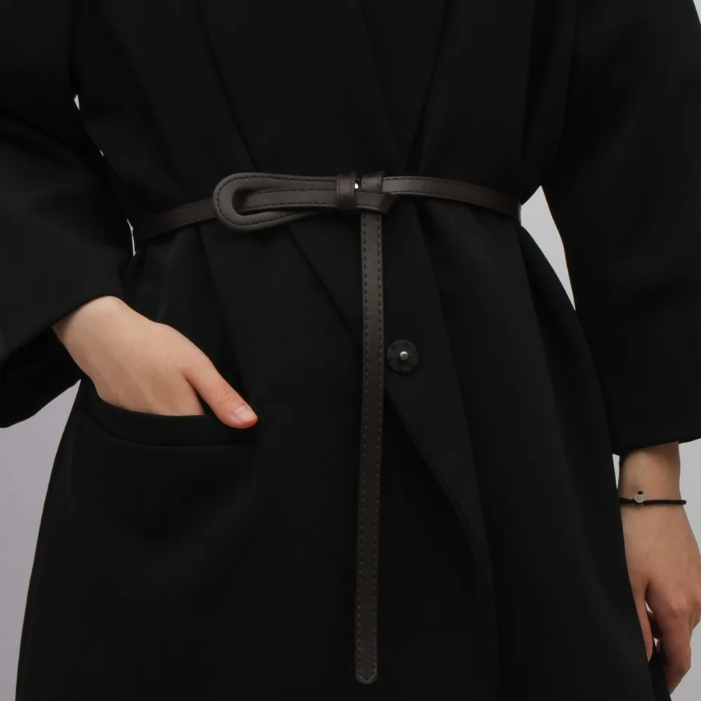 여성용 구멍이 없는 매듭 벨트, PU 가죽, 얇은 벨트, 조절 가능한 허리띠, 단색