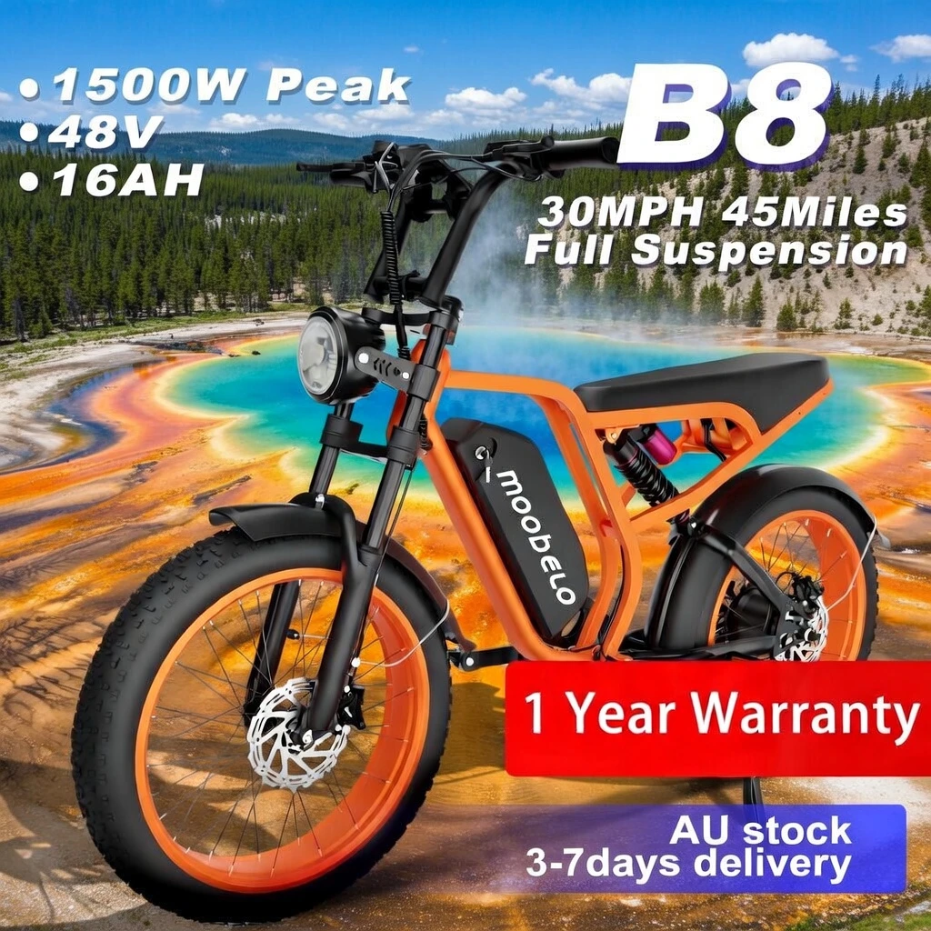 

Moobelo B8 Peak 1500W 52V 20AH Electric Bike Adult 32MPH Full Suspension Off Road Long Range Mountain EBike for Commuter America