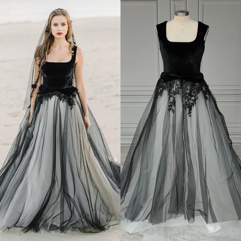 15448# Customzied Black Square Collar Appliques Beading Tulle Low Back A-line Wedding Dress Bridal Gown For Women Gothic Style