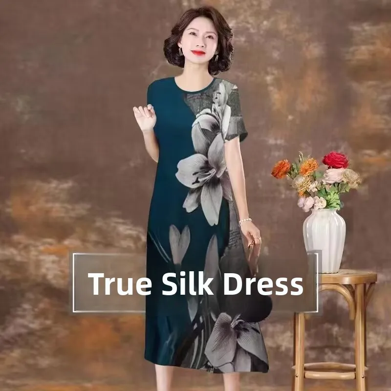 Seta angyun Pesante Estate Dr Donna Sciolto Taglia grande Mamma di mezza età Seta Dr Stampa floreale A-Line Midi Dr