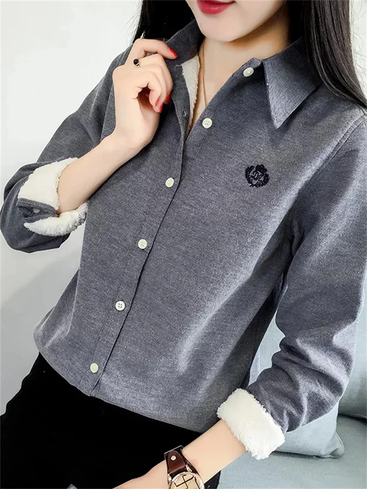 Women Winter Style Thick Blouses Shirts Lady Casual Long Sleeve Turn-down Collar Velvet Blusas Tops