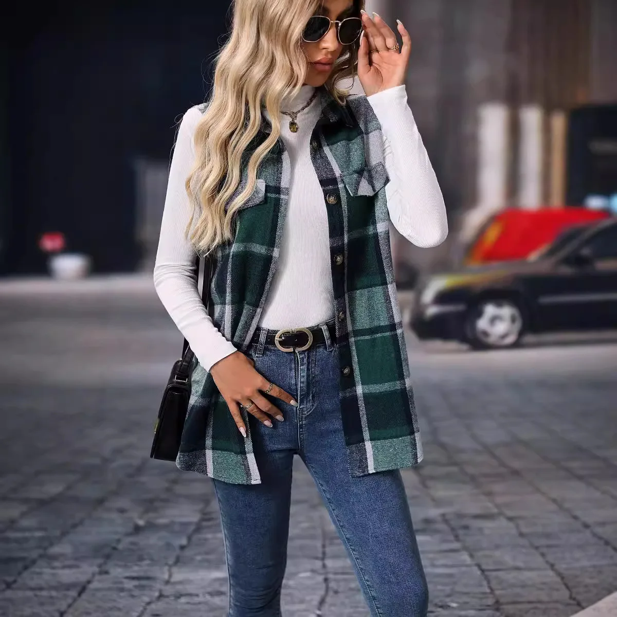 Autumn European And American Women's Elegant Lapel Single Breasted Plaid Coat Sleeveless Casual Button Up Cardigan Women's Top