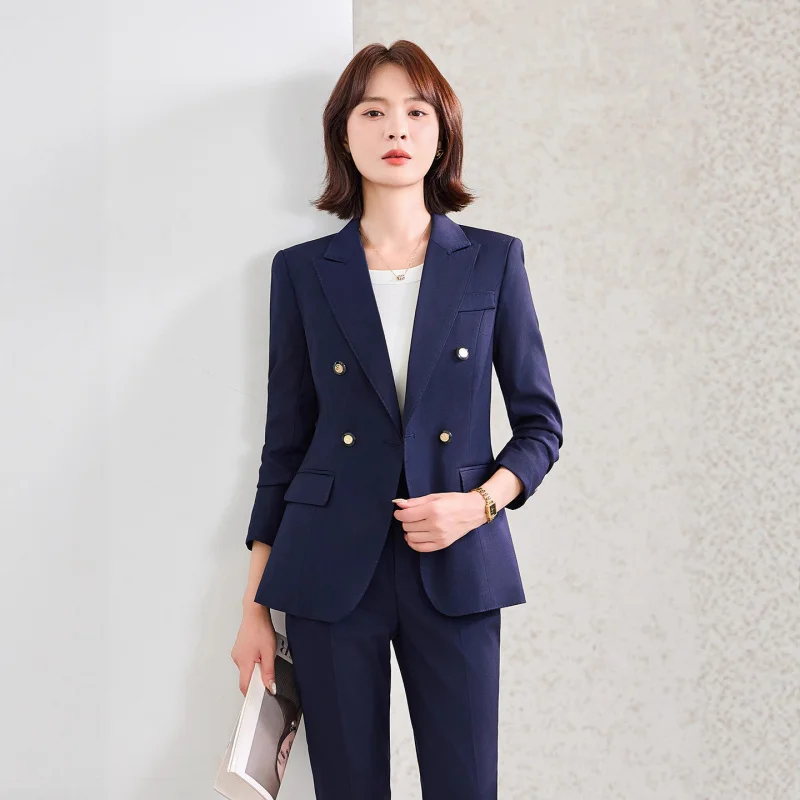 Gris à manches longues petit costume col veste femmes pantalon deux pièces ensemble automne hiver nouveau professionnel à la mode trajet