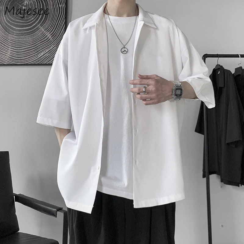 Half Sleeve Shirts Men Clothing All-match Ulzzang Fashion Students Handsome Summer Thin Casual Simply Baggy Hemden Pure Color