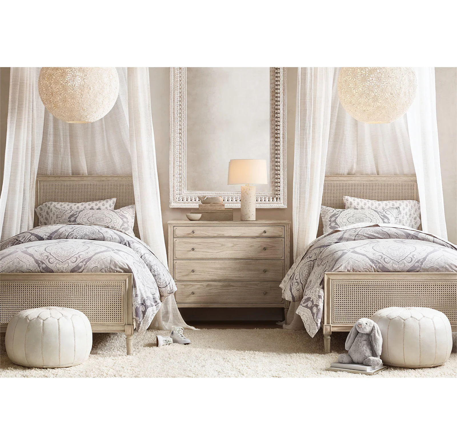 

RH solid wood American fabric rattan single twin bed custom French oak gray white old youth storage BED/series