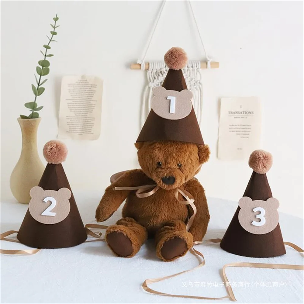 1Pcs Cute Bear Birthday Hat Brown Thick Non-Woven Bear Hat 1st 2nd 3rd Year Old Baby Cap The First One 2 3 Year Party Supplies