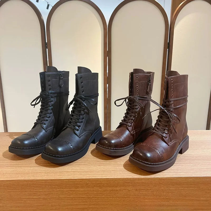 

Leather Corss Strap Embroidery Boots Sexy Round Toe Square Heel New Arrivals Fashion Women Modern Boots