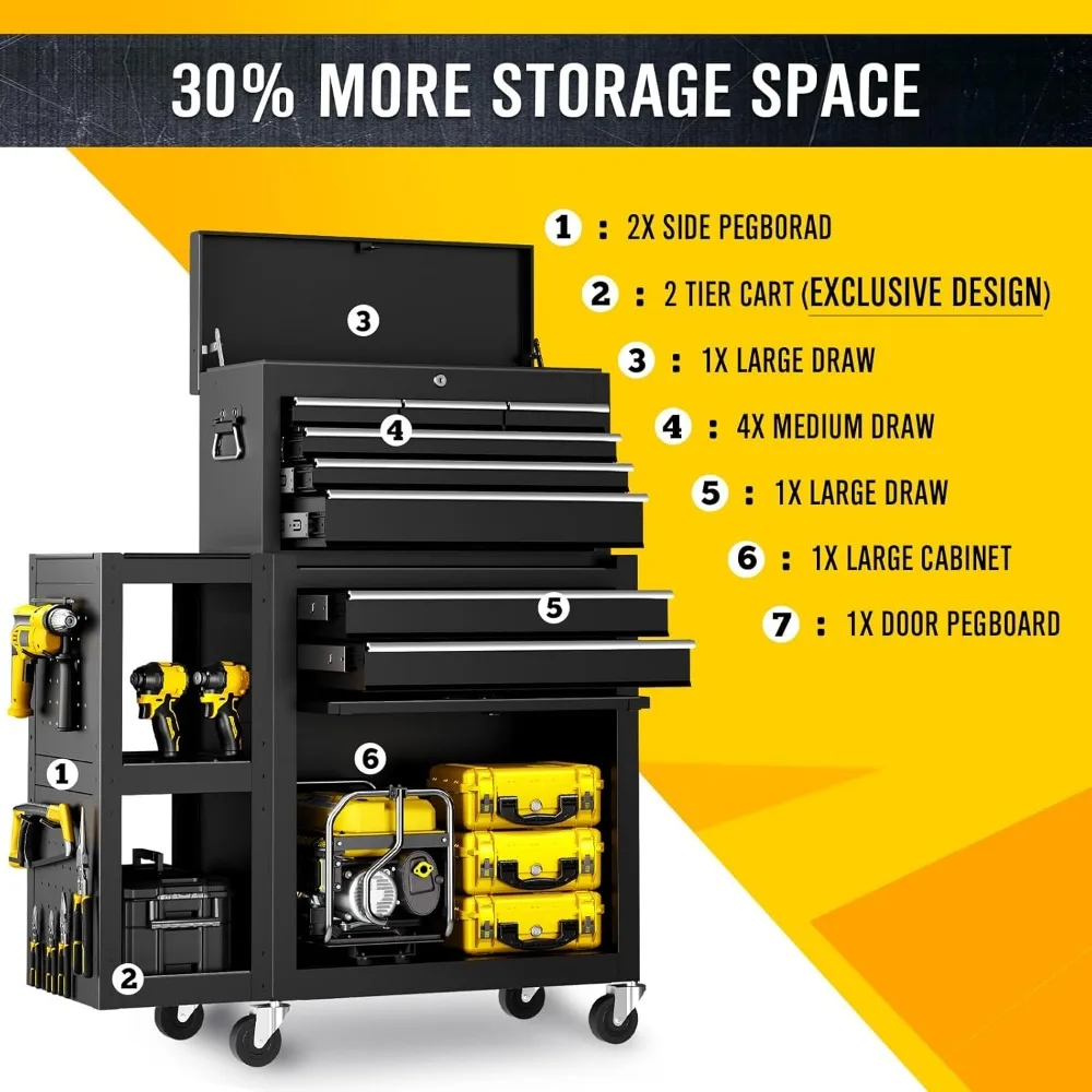 8-Drawer Rolling Tool Chest with Wheels, Exclusive 3-in-1 Tool Box Combo with Removable 2-Tire Utility Cart, Large Storage Cabin