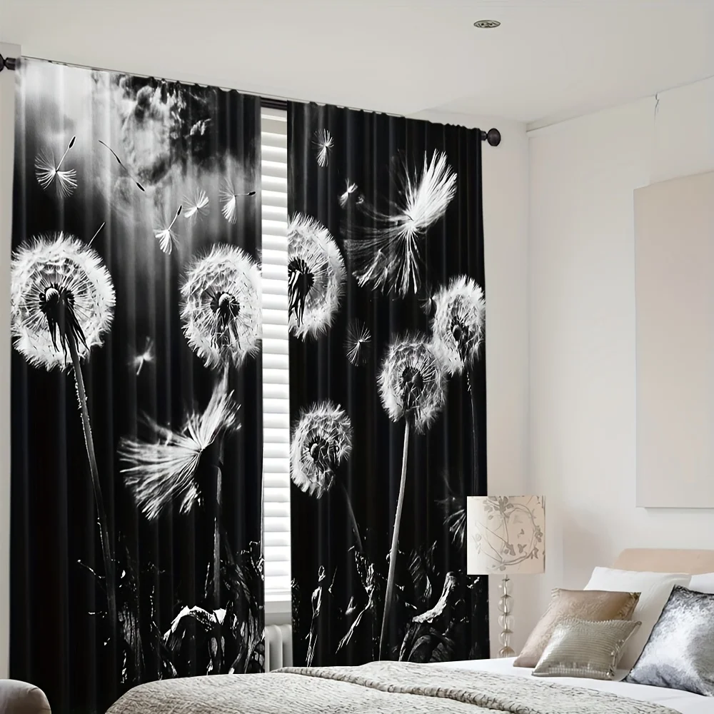 2pcs Black White Dandelion Print Curtains Flying Seeds Pattern Modern Art Design Polyester Window Drapes for Living Room Bedroom